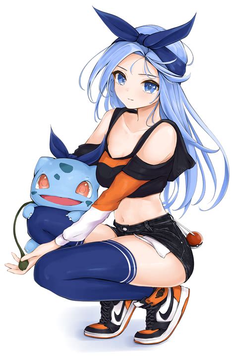 Chaesu Blue Hair Blue Eyes Squatting Anime Anime Girls Digital