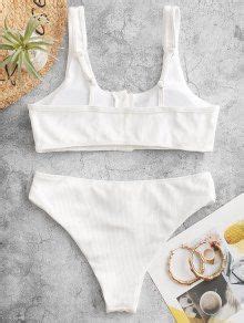 Padded Ribbed Texture Buttons Bikini Set In White Zaful