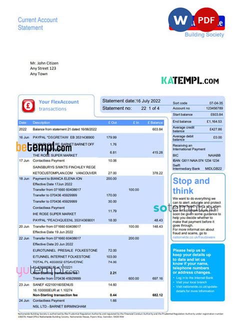 United Kingdom Nationwide Bank Statement Word And Pdf Template 5 Pag