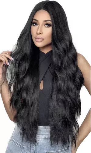 Peruca Wig Longo Preto Natural S Franja Fibra Futura Premium