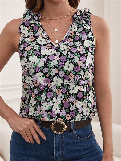 Shein Frenchy Blusa Con Estampado Floral De Hombro Con Nudo Moda De