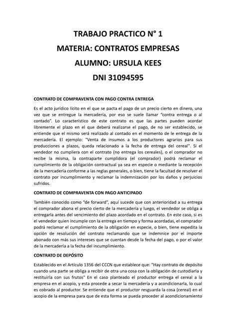 Tp Contrato De Empresa Trabajo Practico N Materia Contratos