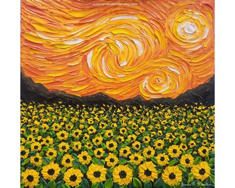 Original Painting Starry Sunflower Field Textured Canvas Wall Art