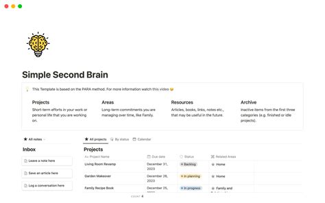 Simple Second Brain Productivity System Notion Template