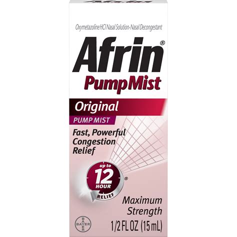 Afrin Original 12 Hour Nasal Decongestant Pump Mist Nasal Spray 15 Ml