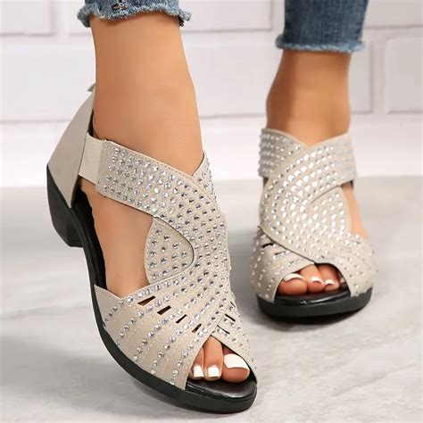 Womens Rhinestone Pattern Sandals Peep Toe Back Zipper Temu