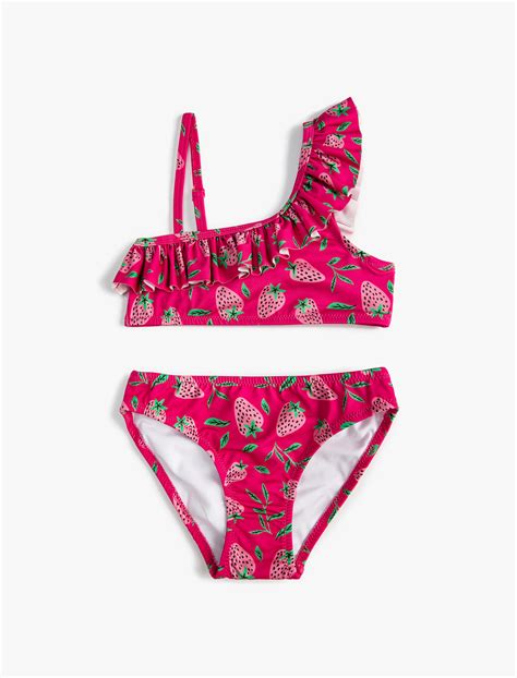 Pembe Kız Çocuk Bikini Takımı Fırfırlı Tek Omuz İnce Askılı SKG BM