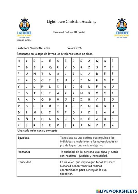 Valores Interactive Exercise For Segundo Grado Live Worksheets