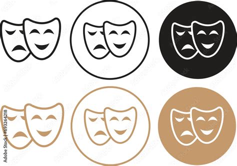 Line Theatrical mask icons Set. Theater, theatre mask signs. Happy and unhappy traditional ...