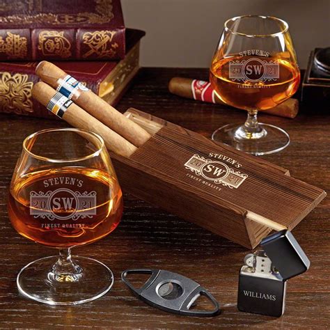 Marquee Engraved Cigar Lovers Box Set With Cognac Glasses Cognac Gift