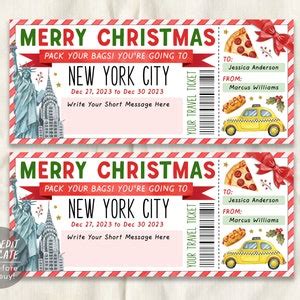 New York City Trip Ticket Editable Template Christmas Surprise Travel