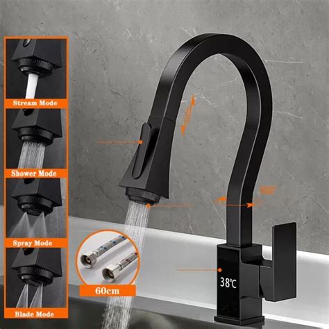 Digital Display Kitchen Faucet Black Four Function Single Handle Pull