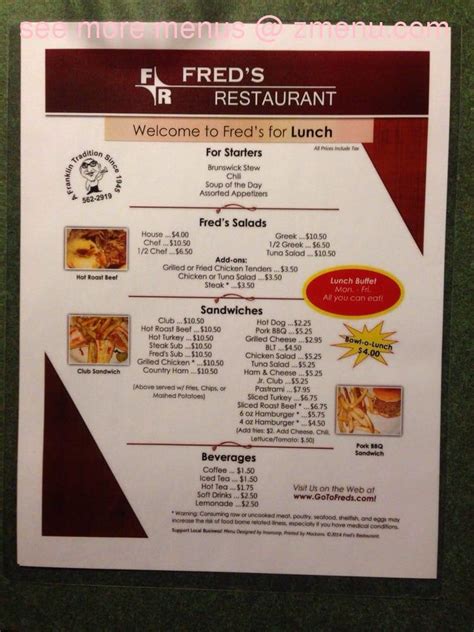 Online Menu of Freds Restaurant Restaurant, Franklin, Virginia, 23851 ...