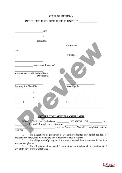 Michigan Answer To Plaintiffs Complaint Us Legal Forms