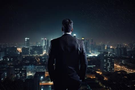 Premium AI Image Back View Of Businessman Looking At Night Cityscape