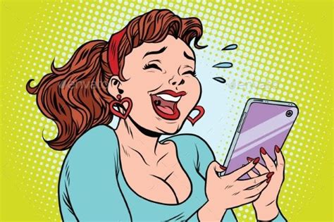 Comic Girl Laughing To Tears Reading A Smartphone Pop Art Comic Girl