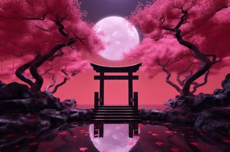 Uma Lua Rosa Sobre Uma Paisagem Japonesa Foto Premium