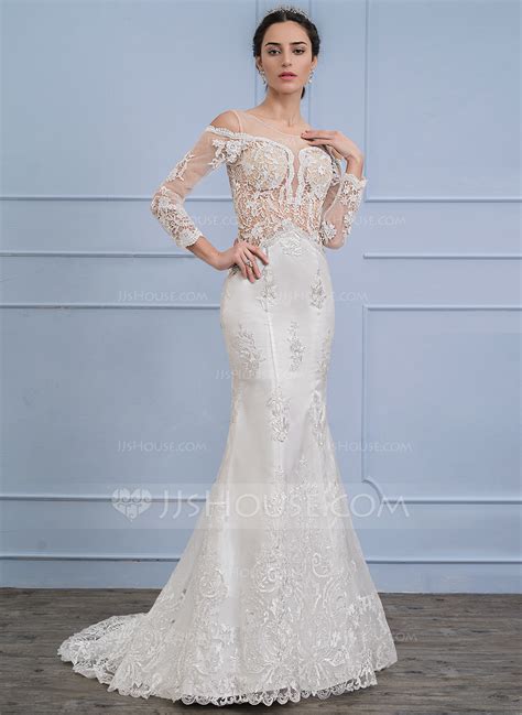 Trumpet Mermaid Scoop Neck Sweep Train Satin Lace Wedding Dress