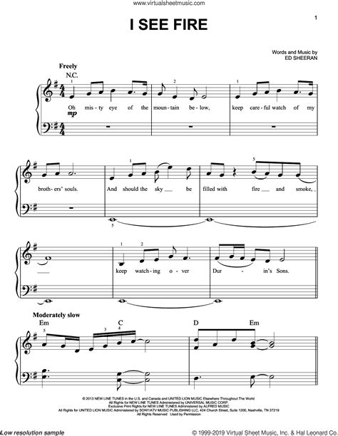 I See Fire From The Hobbit Easy Sheet Music For Piano Solo