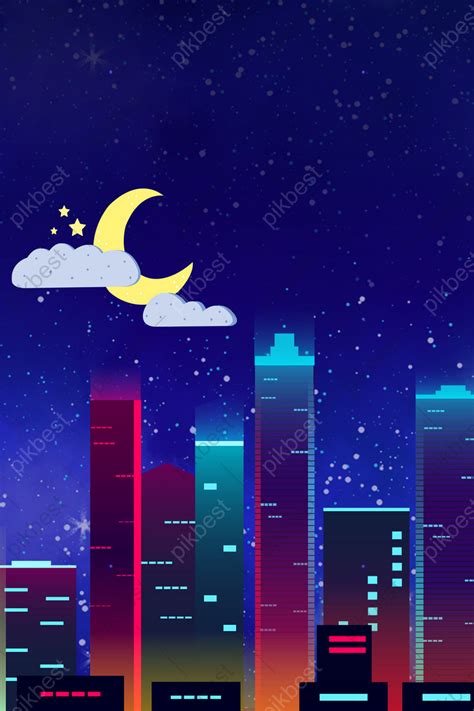 Neon Color Simple Cartoon City Night Sleep Starry Sky Poster Backgrounds | PSD Free Download ...