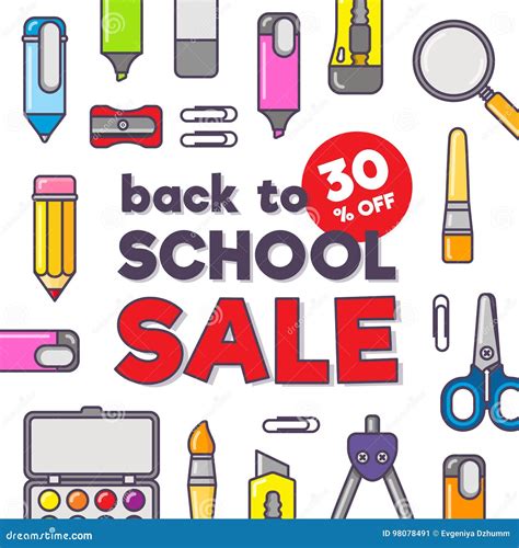 Vector Template of Back To School Sale. Stationery Icons and Text. Sale Poster in Flat Design ...