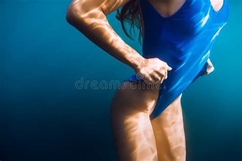 Girl Portrait Posing Underwater With Blue Bikini Woman In Ocean Stock