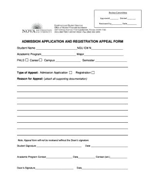 Fillable Online Nova Admission Application And Registration Appeal Form