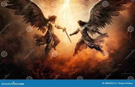 Photo Of An Intense Battle Between Angels And A Demon Stock Image