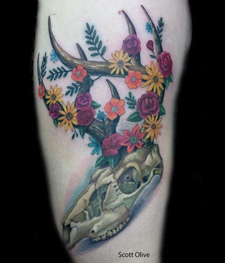 Floral Deer Skull By Scott Olive Tattoonow