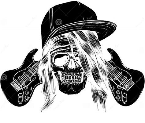 Skull With Hat And Trendy Hairstyle And Crossed Electric Guitars In Vintage Monochrome Style