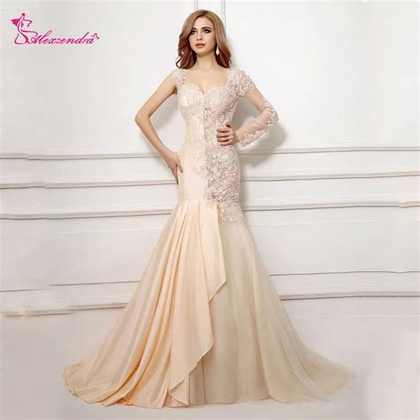 Alexzendra Champagne Mermaid Two Style Sexy Backless Formal Evening Dress Sleeves Prom Dresses