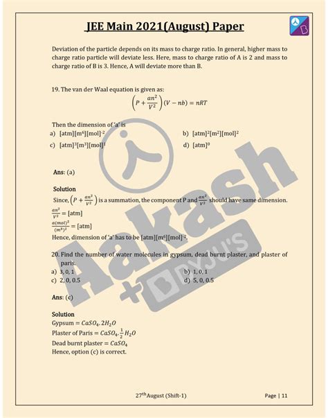 Jee Main 2021 Chemistry Paper With Solutions August 27 Shift 1