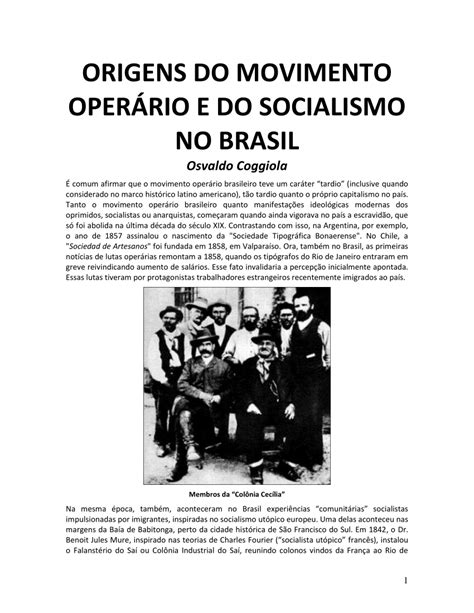 PDF ORIGENS DO MOVIMENTO OPERÁRIO E DO SOCIALISMO NO BRASIL