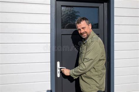 Outdoor Portrait Of Happy Middle Aged Caucasian Man Front Home Door Stock Image Image Of