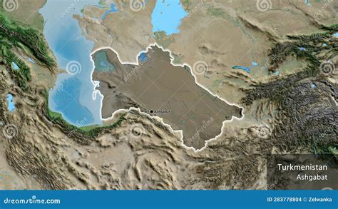 Turkmenistan Border Shape Overlay Glowed Satellite Labels Stock