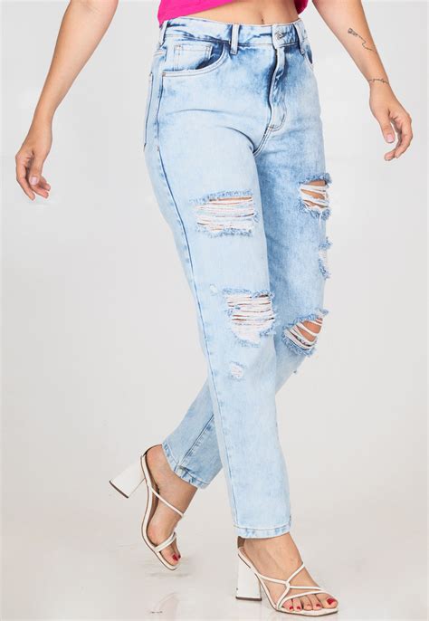 Calça Jeans Feminina Reta Cintura Alta Destroyed Clara