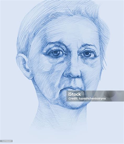 Illustration Pencil Drawing Portrait Face Of Old Woman On White ...