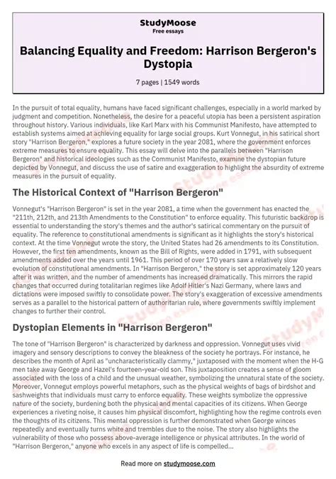 Balancing Equality and Freedom: Harrison Bergeron's Dystopia Free Essay ...