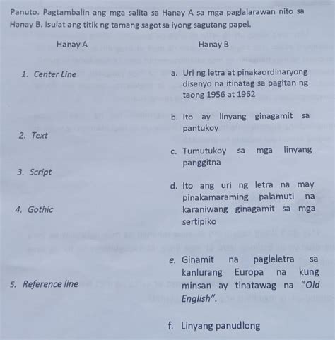 Panuto Pagtambalin Ang Mga Salita Sa Hanay A Sa Mga Paglalarawan Nito