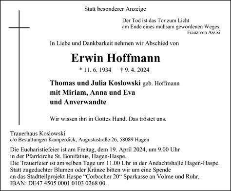 Traueranzeigen Von Erwin Hoffmann Trauer In NRW De