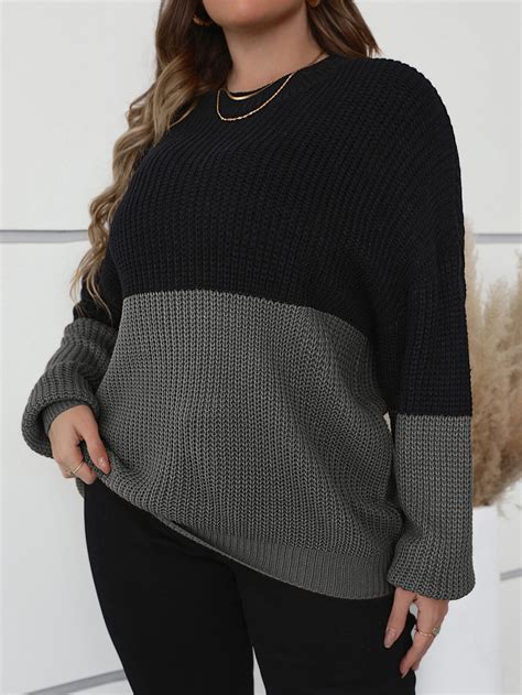 SHEIN LUNE Plus Two Tone Drop Shoulder Sweater