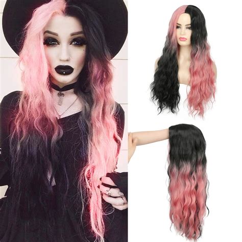 Swiking Half Pink Half Black Wigs For Women Long Curly Wave Synthetic Hair Heat