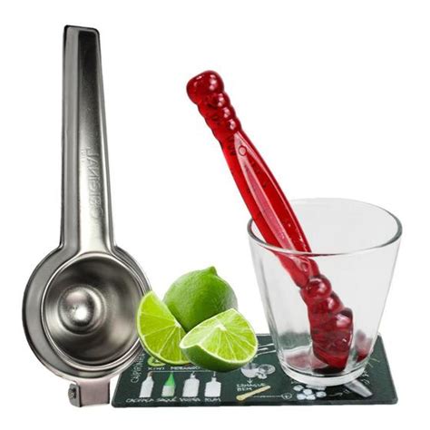 Kit Caipirinha Copo de Vidro Socador Tábua e Espremedor Aço Inox Euro