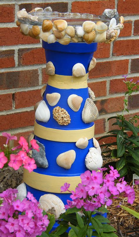 Terra Cotta Pot Birdbath Decorated With Sea Shells Clay Pot