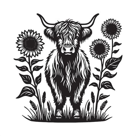 Highland Cow With Sunflowers Svg Premium Ai Generated Vector