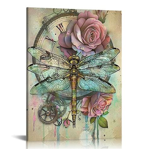 Nawypu Dragonfly Canvas Wall Art Rustic Colorful Rose Flower And Clock