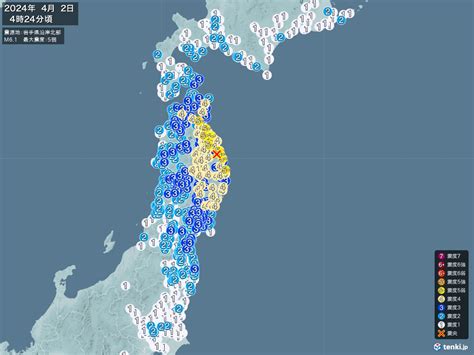 地震情報 2024年04月02日 04時24分頃発生 最大震度：5弱 震源地：岩手県沿岸北部拡大画像 日本気象協会 Tenkijp