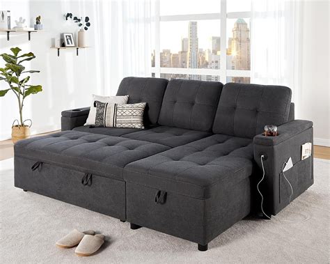 Papajet Convertible Sofa Bed, Dark Gray with Charging Ports, Cup ...