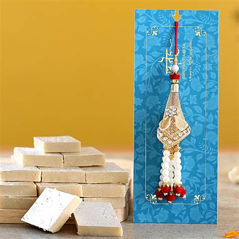 Traditional Golden Lumba Rakhi And Kaju Katli Uae Gift Traditional