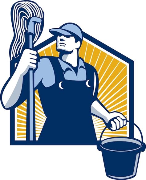 Premium Vector Janitor Cleaner Holding Mop Bucket Retro